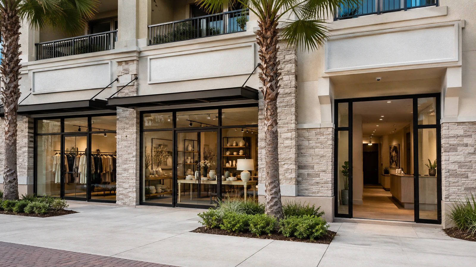 Retail shopfronts and a separate office entrance along a palm-lined commercial sidewalk