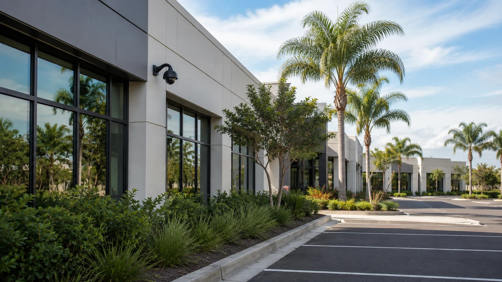 Modern commercial property with palms and organized vehicle access