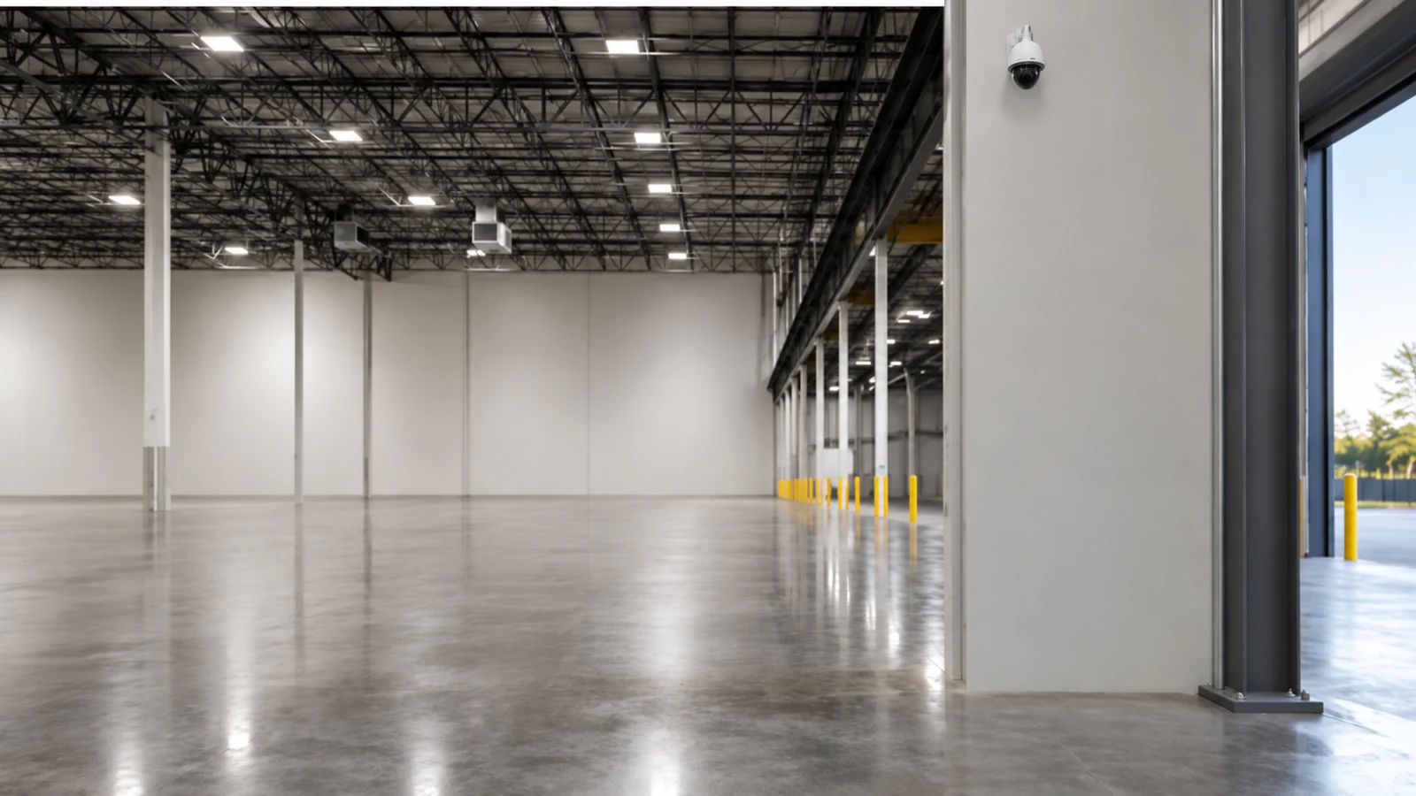 Empty modern warehouse with a polished concrete floor and a wall-mounted dome camera