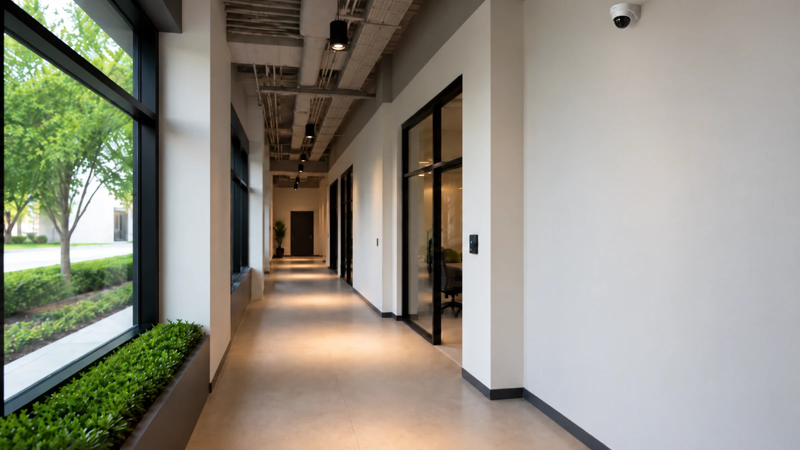Commercial corridor with a ceiling-mounted dome camera and a door access reader