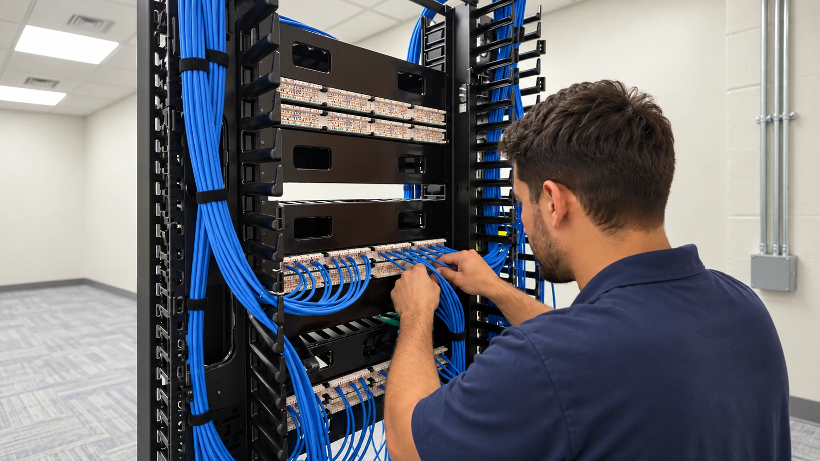 Commercial technician connecting organized blue Ethernet cables to labeled patch panels in a dedicated network room